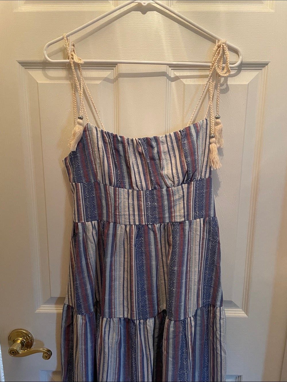 Womens  Striped Blue & Cream Tie-Shoulder Midi Sun Dress